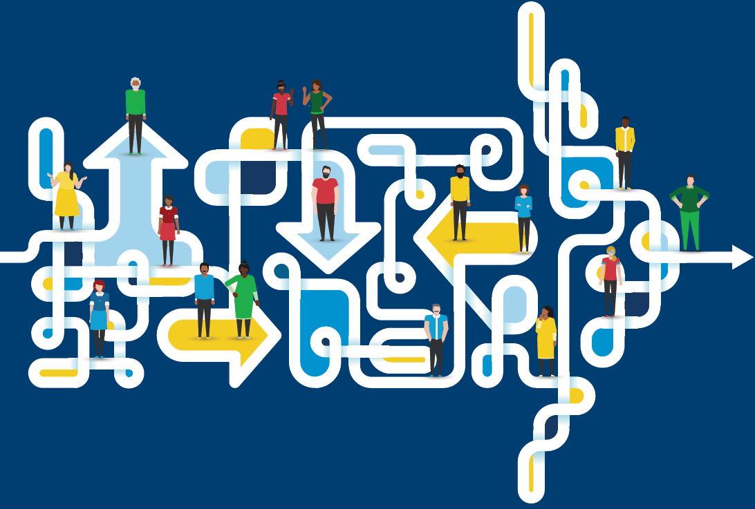 Blue background with a white arrow creating a tangled maze that forms the shape of a larger arrow with drawings of  people scattered throughout 