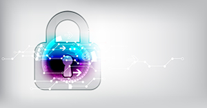 Artistic image of a transparent grey lock with a holographic blue and purple representation of a network 