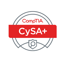 Grey outlined logo of a circular badge forming a lock at the base with CompTIA written in red at the top and CySA+ written in white across a centered red banner