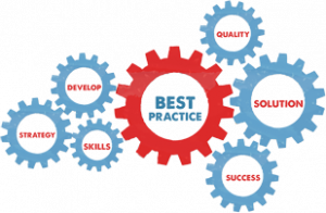 Database Design logo with smaller blue gears with the words Strategy, Skills, Develop, Quality, Solution and Success surrounding a larger red gear with the word Best Practice 