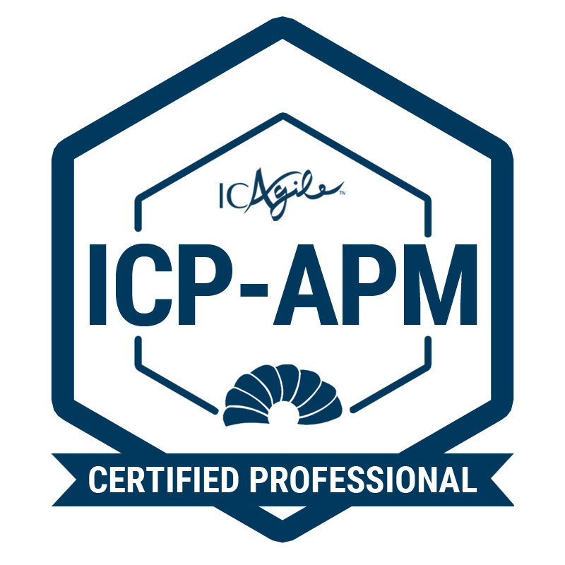 IC Agile Certified Professional logo in navy hexagon outline on white background. ICAgile and ICP-APM written inside the hexagon in navy with Certified Professional in white on a navy banner at the bottom of the hexagon point