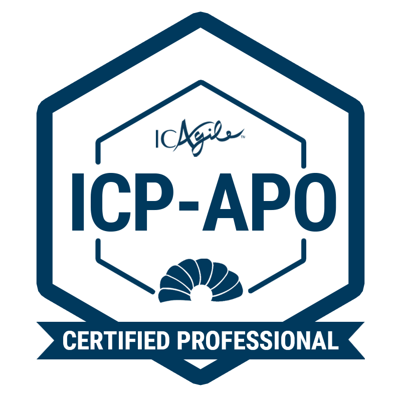 IC Agile Certified Professional logo in navy hexagon outline on white background. ICAgile and ICP-APO written inside the hexagon in navy with Certified Professional in white on a navy banner at the bottom of the hexagon point
