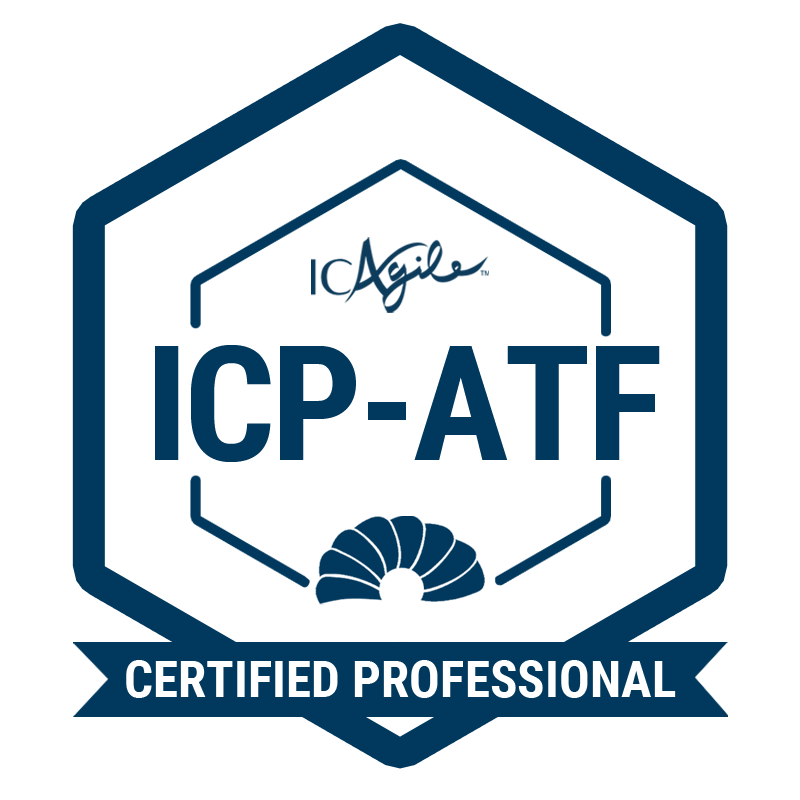 IC Agile Certified Professional logo in navy hexagon outline on white background. ICAgile and ICP-ATF written inside the hexagon in navy with Certified Professional in white on a navy banner at the bottom of the hexagon point