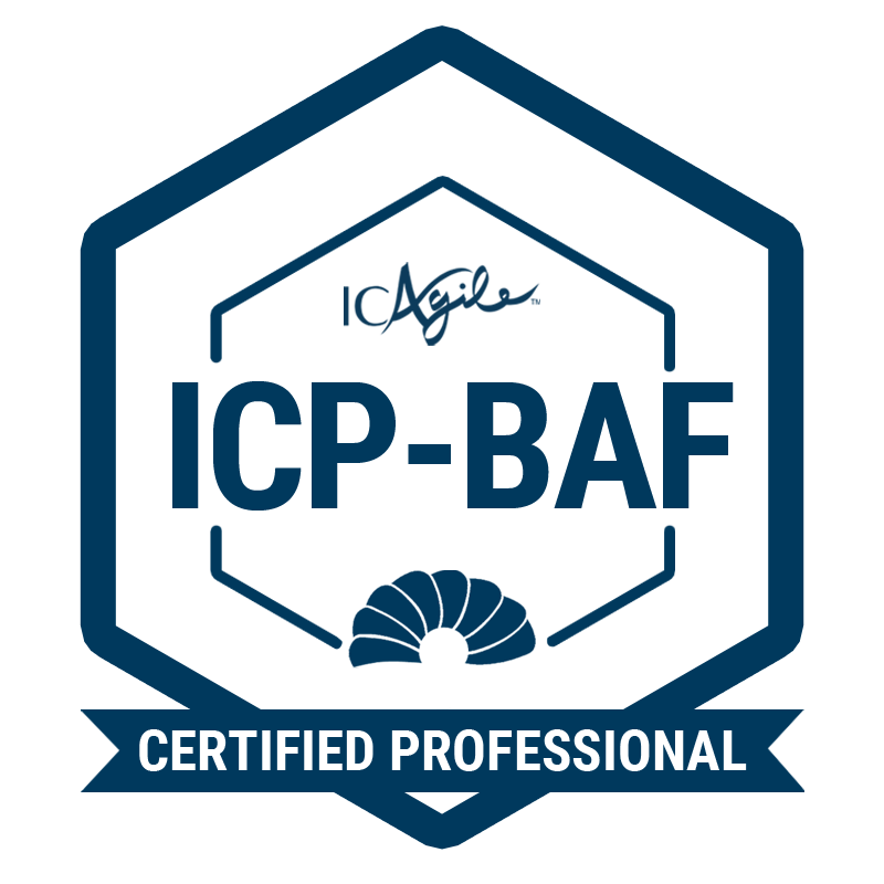 IC Agile Certified Professional logo in navy hexagon outline on white background. ICAgile and ICP-BAF written inside the hexagon in navy with Certified Professional in white on a navy banner at the bottom of the hexagon point
