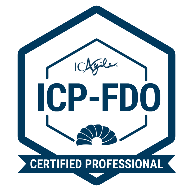 IC Agile Certified Professional logo in navy hexagon outline on white background. ICAgile and ICP-FDO written inside the hexagon in navy with Certified Professional in white on a navy banner at the bottom of the hexagon point