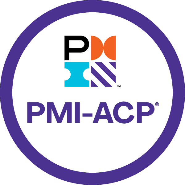 Image in blue with white negative space. White grid globe in upper left blue square, the letter P in blue on a white background with the letters MI in the white negative on a blue background. PMI-ACP in white on a blue rectangle across the bottom of the logo.