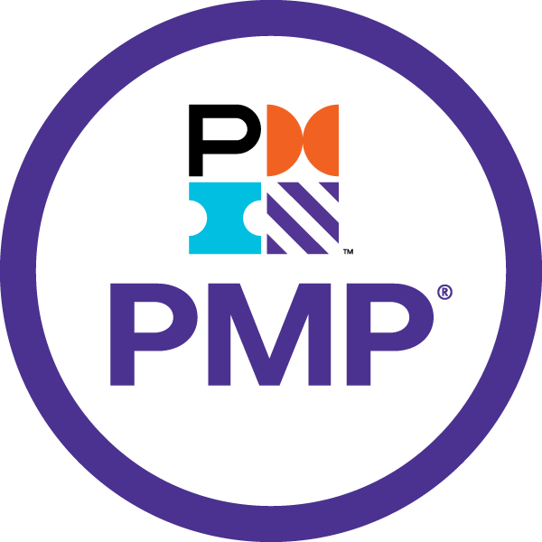 Image in blue with white negative space. White grid globe in upper left blue square, the letter P in blue on a white background with the letters MI in the white negative on a blue background. PMP in white on a blue rectangle across the bottom of the logo.