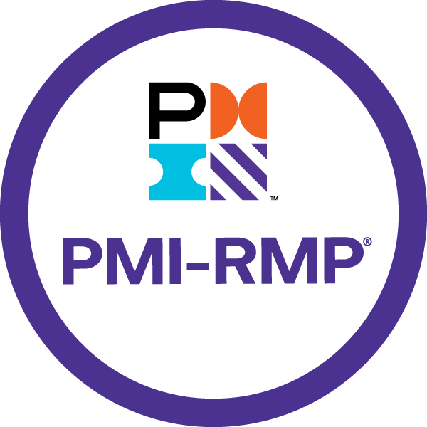 Image in blue with white negative space. White grid globe in upper left blue square, the letter P in blue on a white background with the letters MI in the white negative on a blue background. PMI-RMP in white on a blue rectangle across the bottom of the logo.