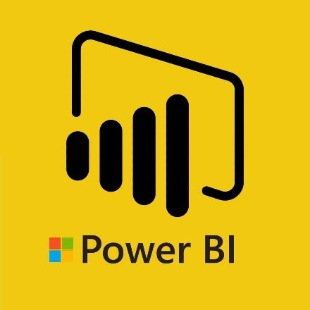 Mustard-colored square with black logo of increasing sized lines a rectangular outline representing a computer screen with the windows symbol and the words Power BI 
